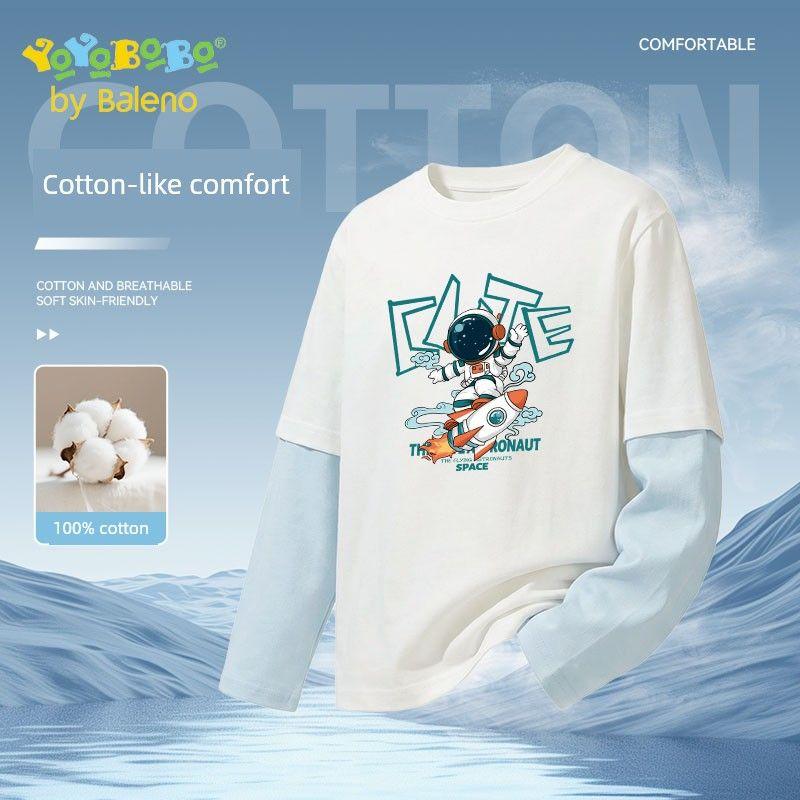 Baleno Ybb Series Children s T-Shirt 2026 New Style Boys  Color-Blocking Long T-Shirt for Older Boys, Fake Two-Piece Long-Sleeve Spring Style White # Yb Aerospace Rocket 120