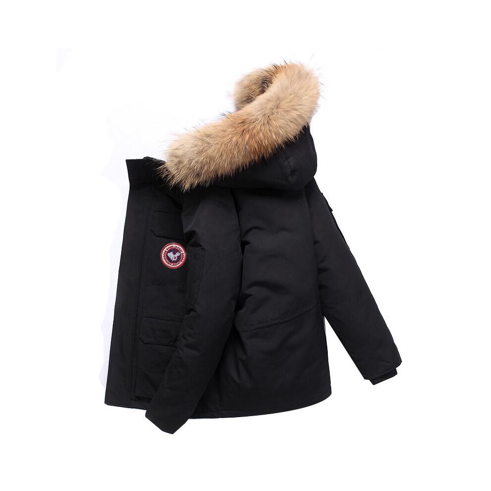 (schwarz, L) Winter neue Herren Daunenjacke mit großem Fellkragen Kurzteil Arbeitskleidung Outdoor gepolsterte verdickte Jacke