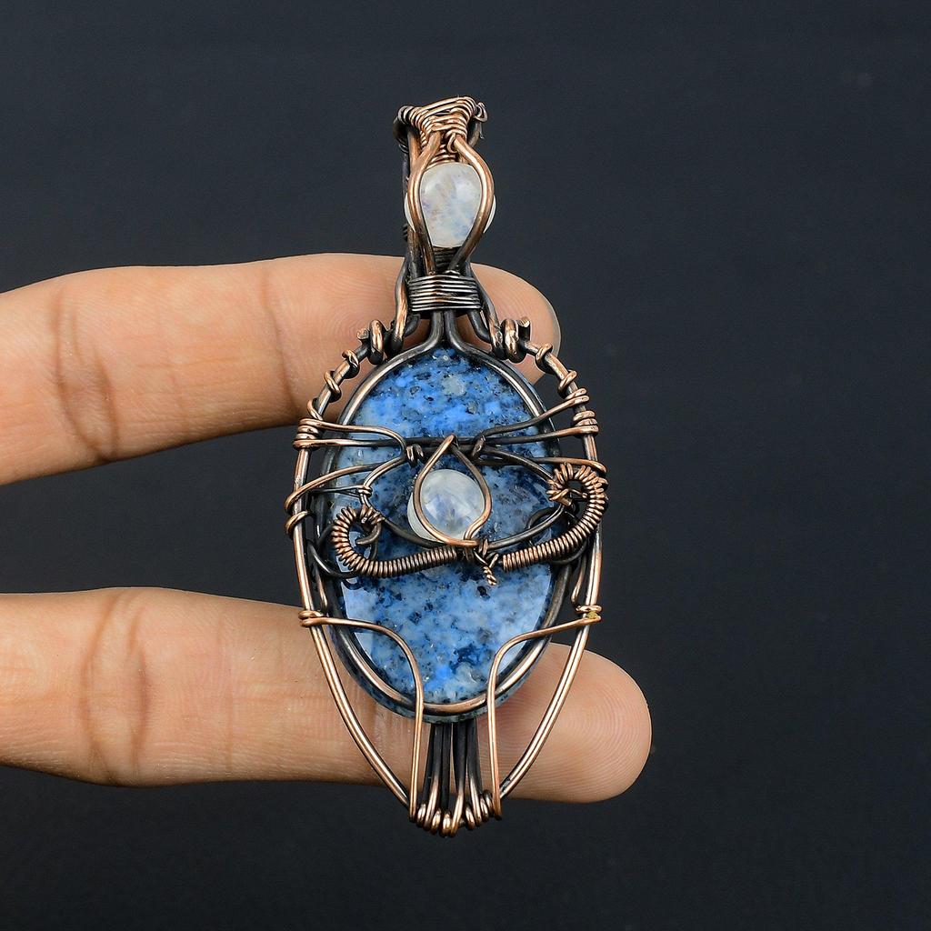 Azurite Pendant, 999 Copper Wire Wrapped Gemstone Jewelry, Handmade Pendant, For Thanksgiving