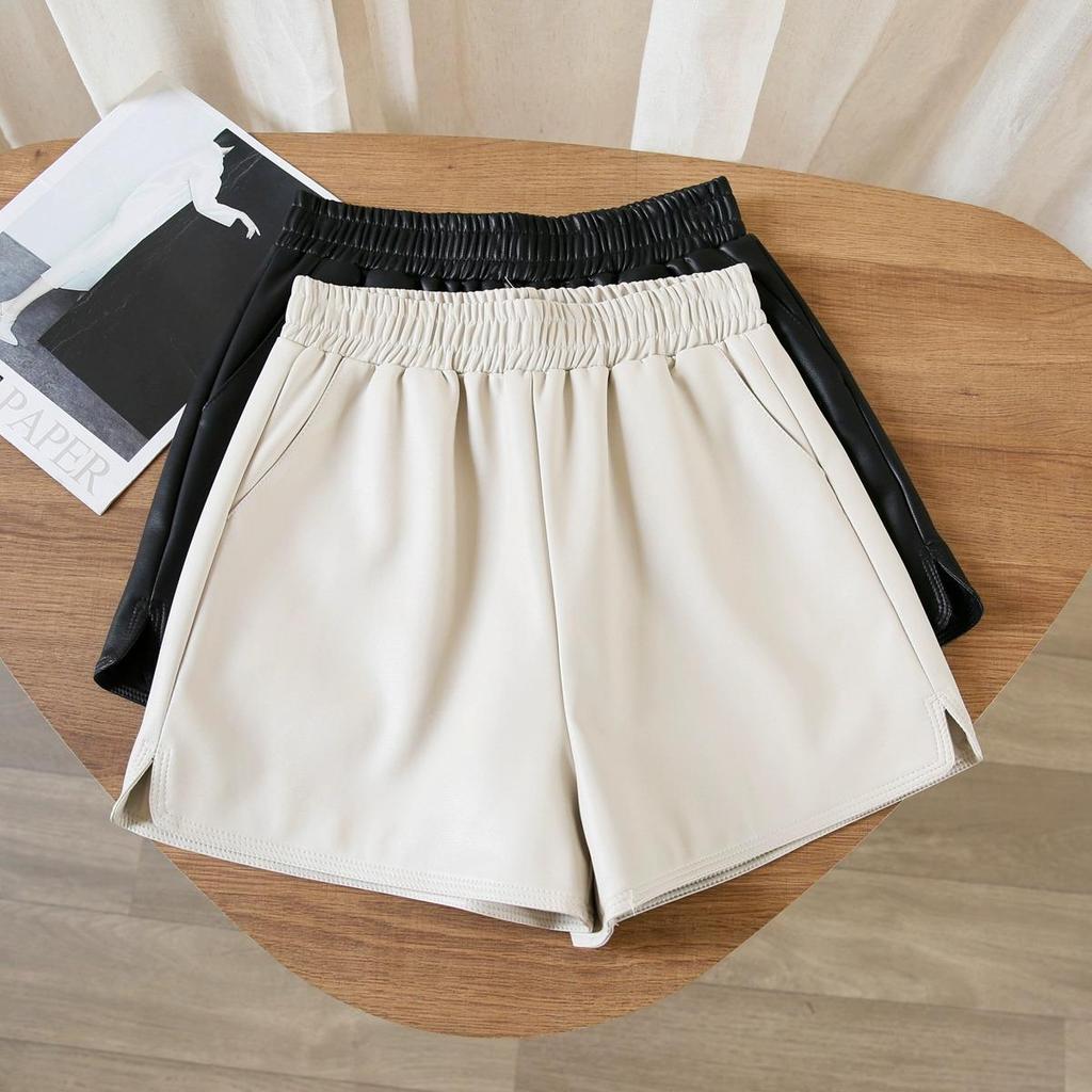 Kumikumi Design Women's PU Leather Wide-Leg Pants, High Waist, Elastic Waist, Autumn Style Slimming Shorts.