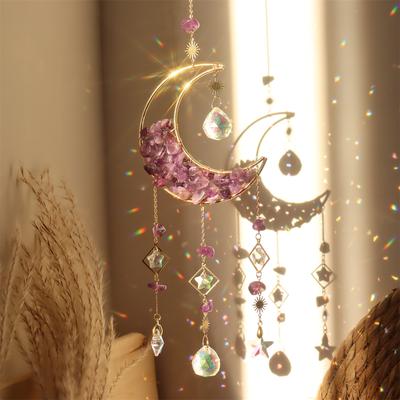 Crystal Hourglass with Moon Sun Catcher Pendant Decorative Craft for Window Hanging, Light Catcher for Indoor and Outdoor Decor