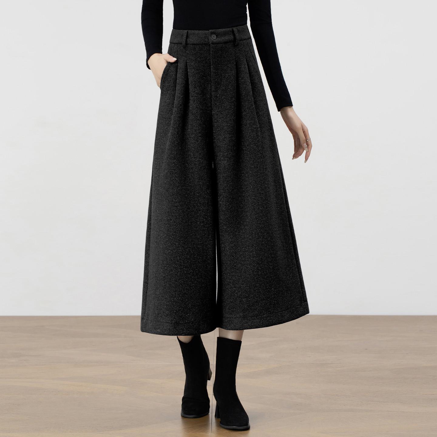 

Women s High-Waisted Wool Wide-Leg Cropped Pants - New 2025 Minimalist Winter Fashion for Petites 28 чёрный