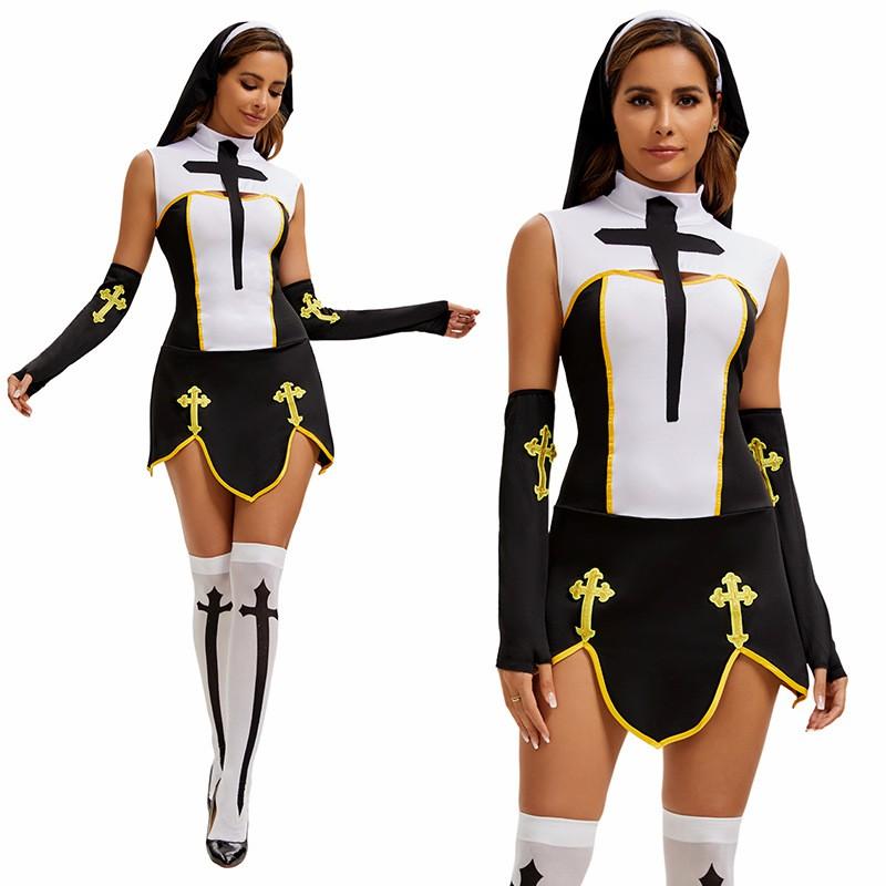 Halloween Nun Costume Role Play Outfit Stage Performance Womens Game Uniform