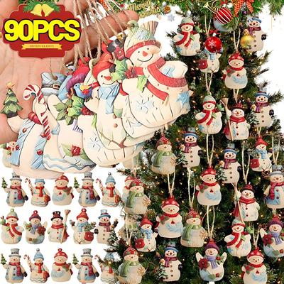 90/18PCS Wooden Snowman Ornament with Lanyard Christmas Tree Cartoon Pendents Festive Xmas Party Home DIY Decoration Set Boxwood