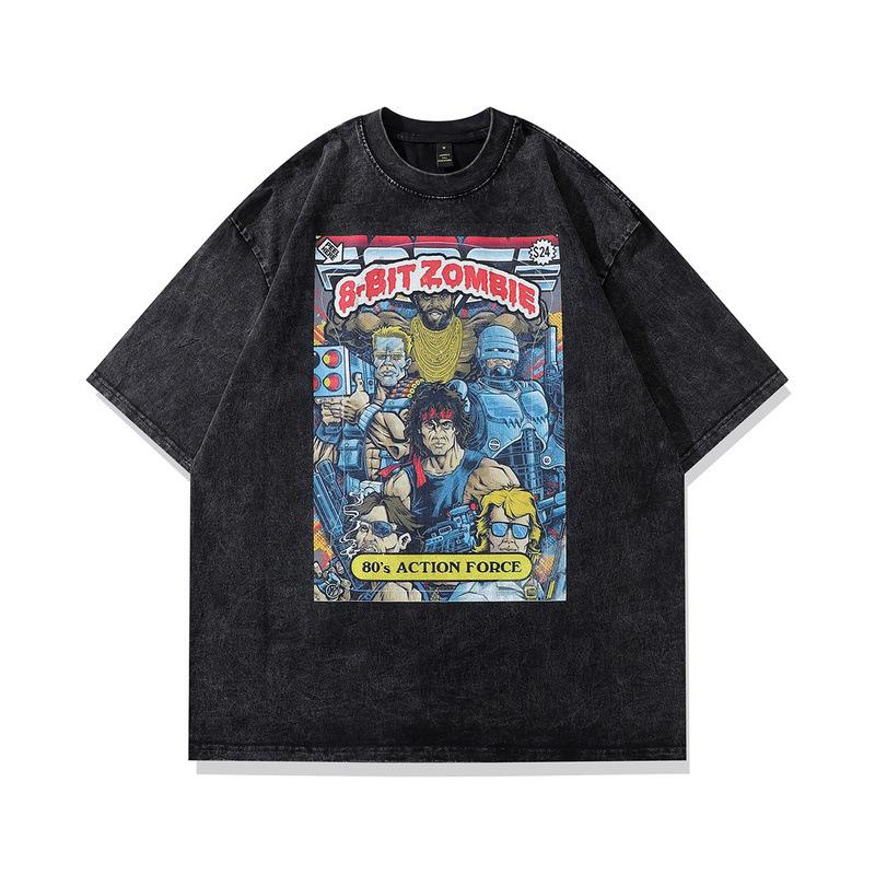 Harajuku Japanese Street Cartoon Print Old Short-Sleeved T-Shirt Men'S Trendy Brand Hip-Hop Loose Washed Five-Quarter Sleeve T-Shirt