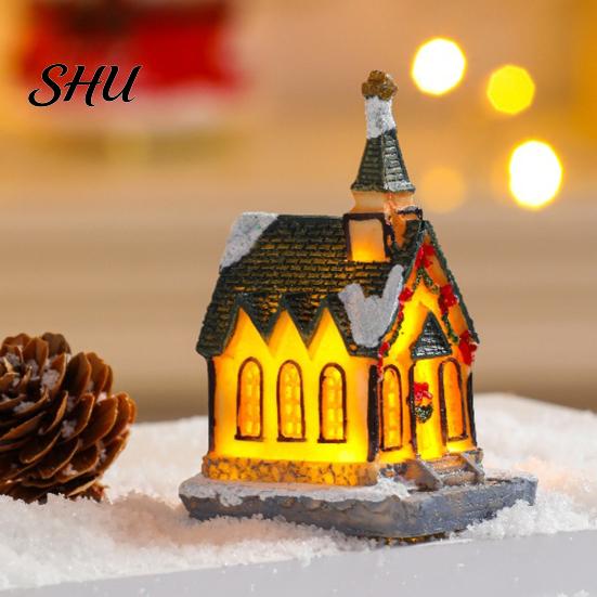 Desktop Christmas House Ornament Glowing Romantic Warm Lighting Resin Craft Small Glow LED Snow Covered Decoration Figurine Statue Party Festival Gift