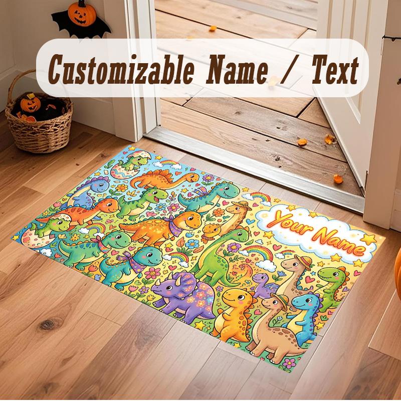 Dinosaur Theme Soft Crystal Velvet Rug Custom Name & Text Print Non Slip Floor Rug for Bedroom Living Room