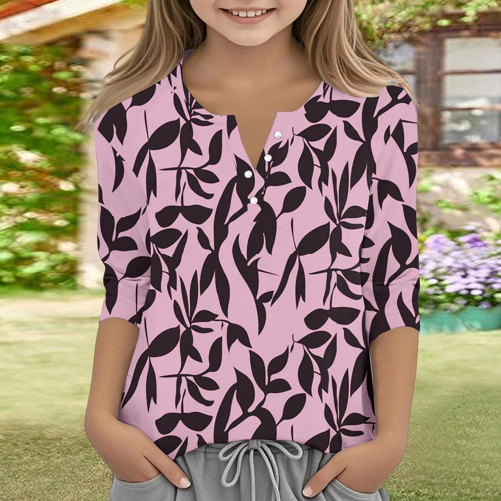 Print Tops For Youth Girls V Neck Button 3/4 Sleeves T-Shirts Trendy Tops Outfit Tees