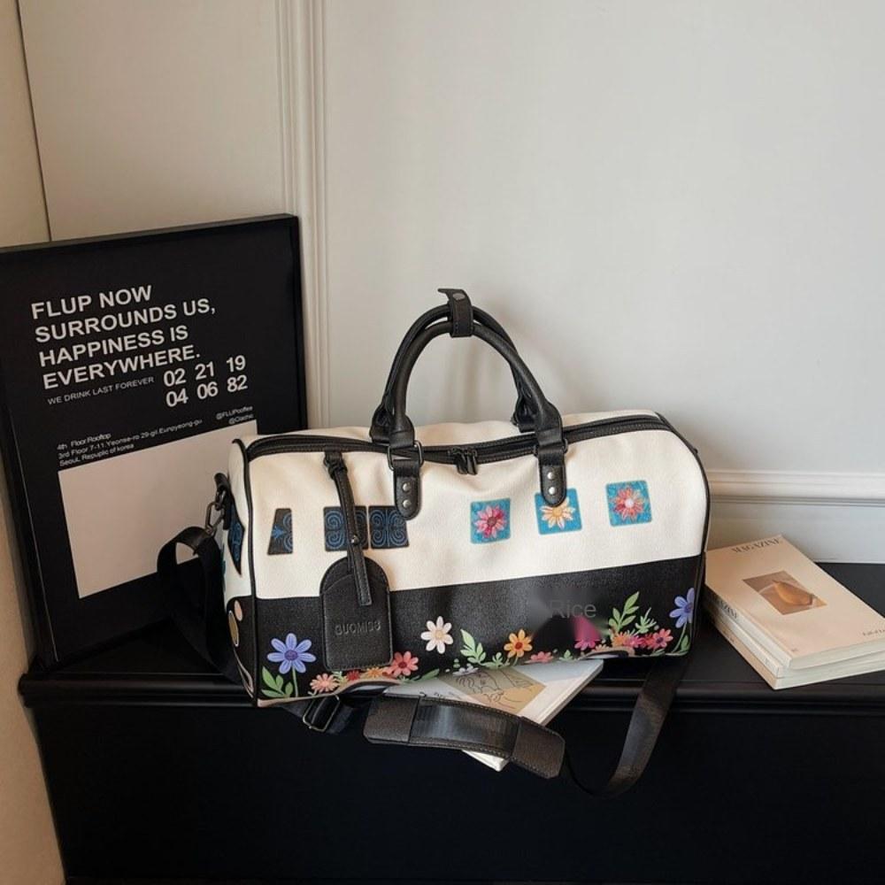 Women Floral Print Large Capacity Faux leather Travel Bag with Detachable Crossbody Strap for Travel