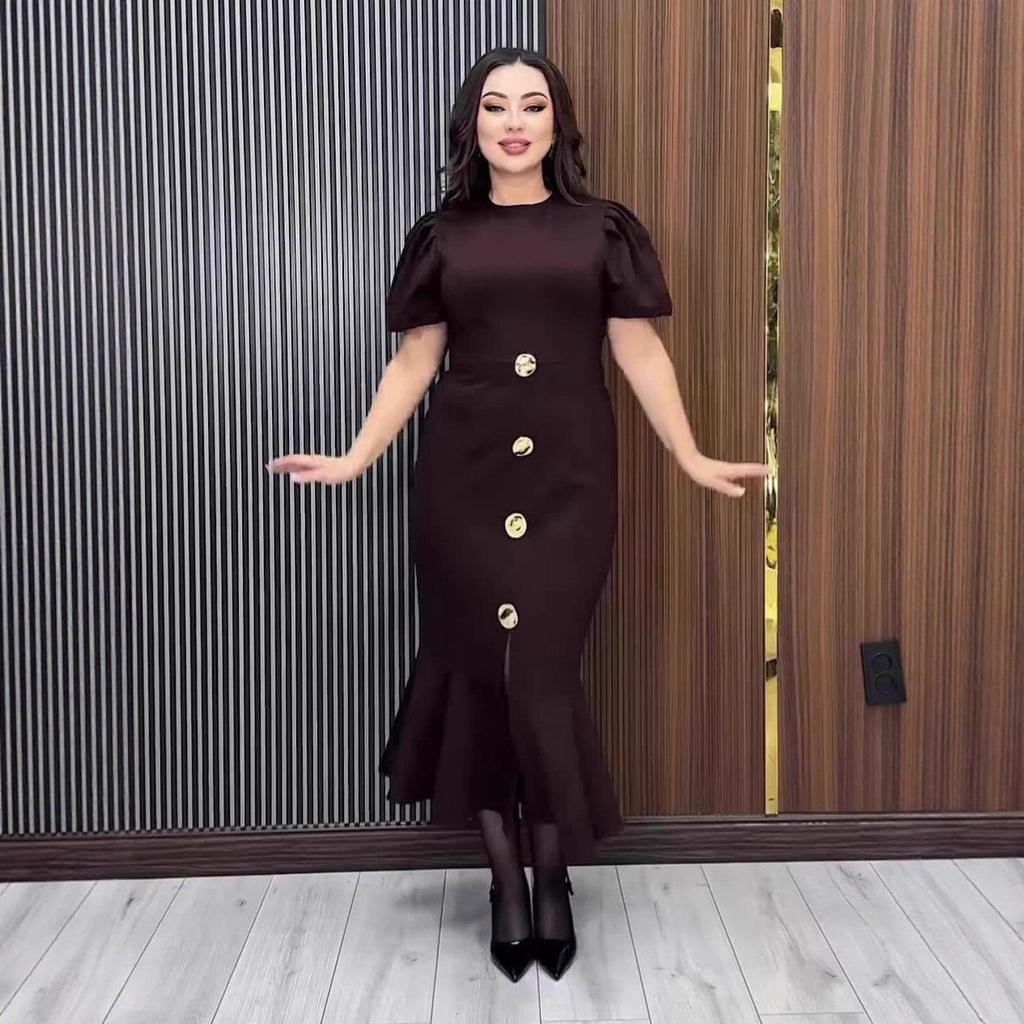 2025 Autumn Elegant Fishtail Dress - Solid Color, Short Sleeve, Slim Fit, Round Neck