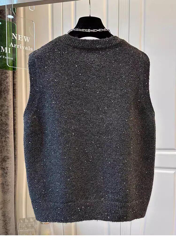 Chic Sequin Sleeveless Knitted Cardigan for Women - Loose Plus Size Layering Top for Spring/Autumn