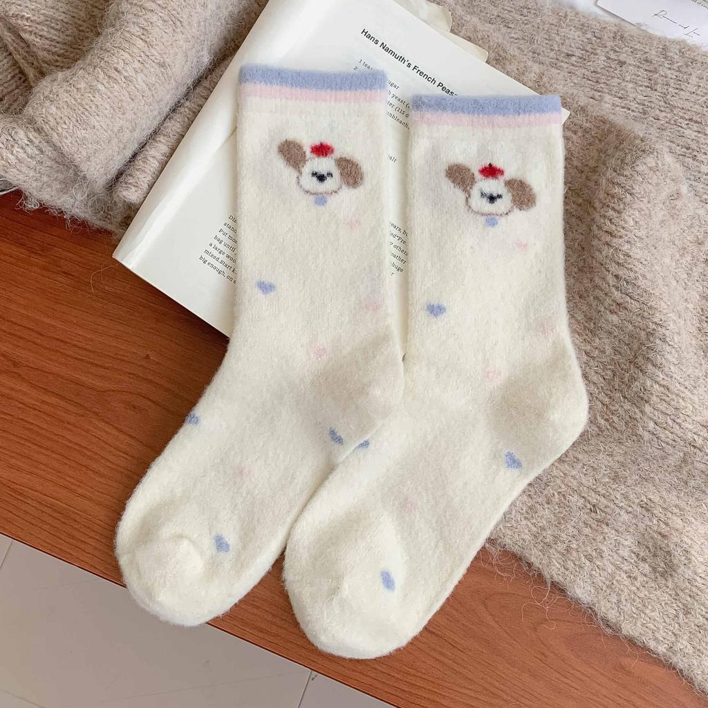 Rosa Welpen Plüsch Socken Wintersocken Plüsch Verdickt Warm Nahtlos Mittelrohr Zuhause Cartoon Schlaf Socken