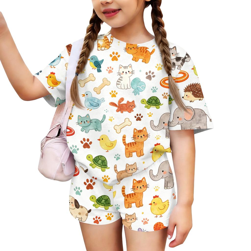 Kids Casual Short Sleeve Animal Print Top and Shorts Set Lightweight Breathable Soft Fabric Comfortable Fit