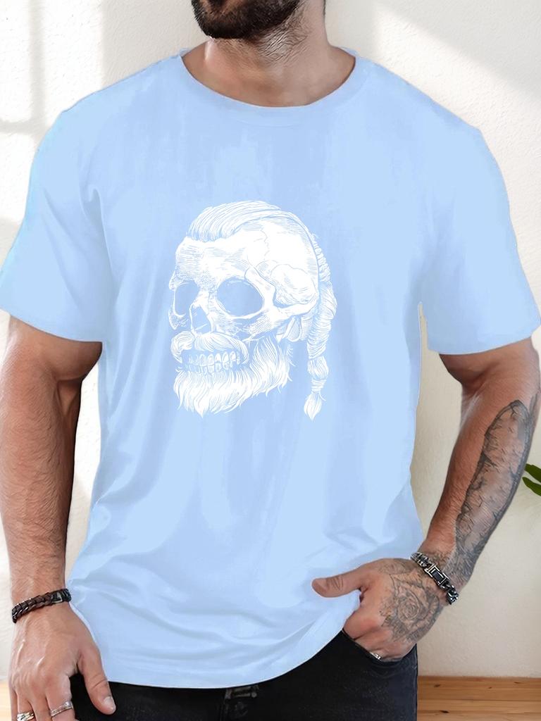 Unisex Black Crew Neck Tee Viking Beard Braid Skull Sketch Retro Gothic Graphic Soft Cotton Casual Male Short Sleeve Tops