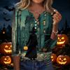 Women's Casual Halloween Print V Neck Button Front Three Quarter Sleeve T Shirt Top Lightweight Soft Fabric Comfortable Fit
