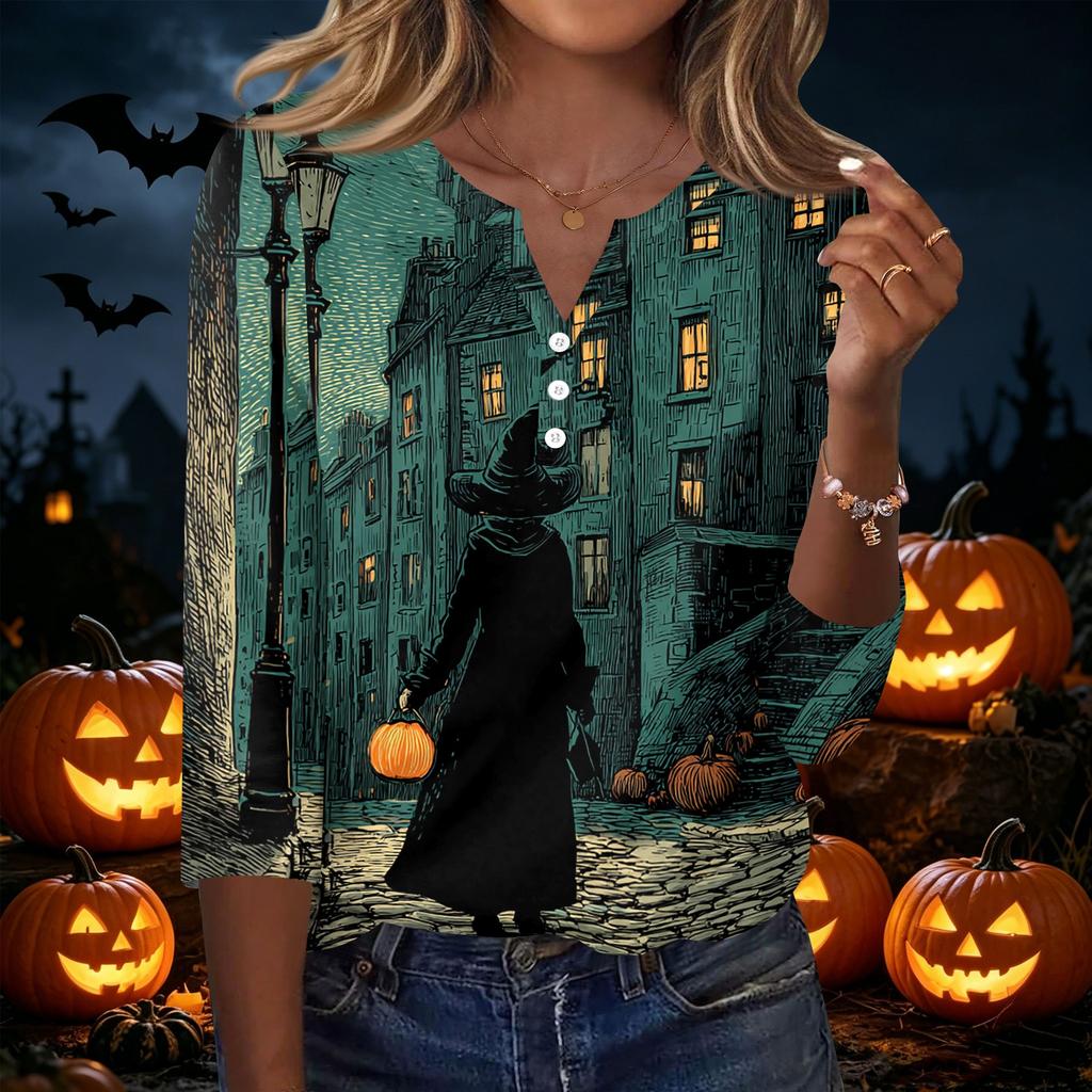 Women's Casual Halloween Print V Neck Button Front Three Quarter Sleeve T Shirt Top Lightweight Soft Fabric Comfortable Fit