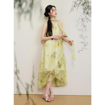 Sancai New Chinese Style Sleeveless Ruffle Maxi Dress
