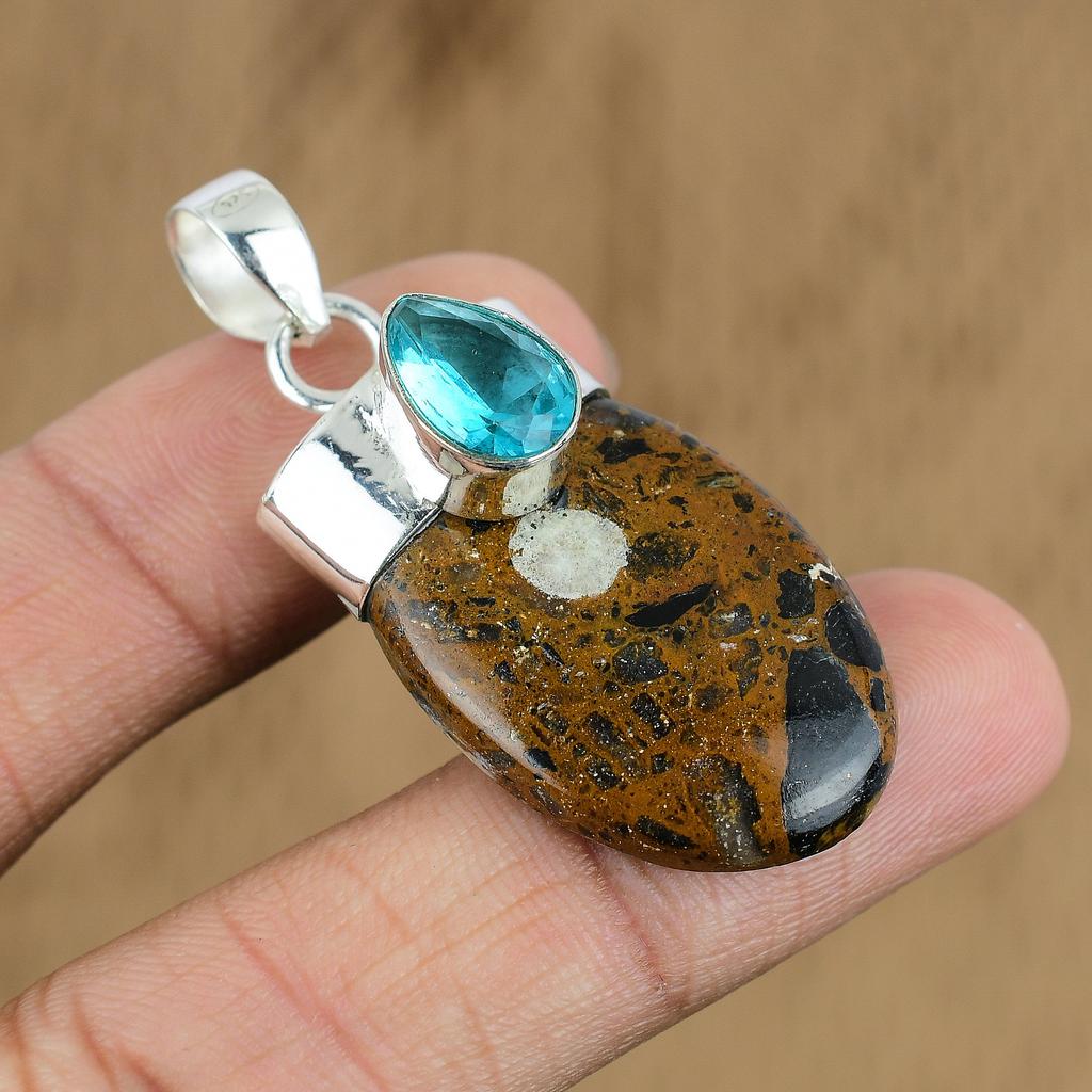 Natural Golden Pietersite Gemstone Pendant Gold 925 Sterling Silver Jewelry