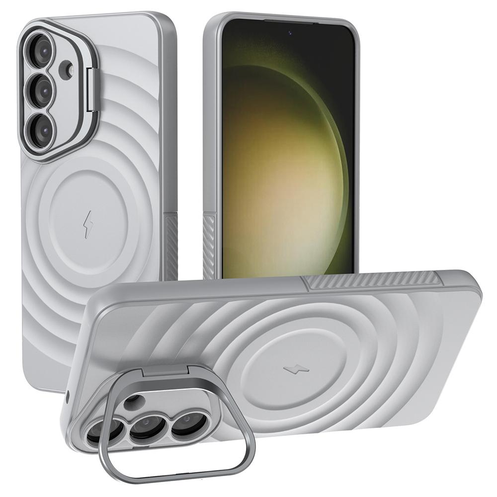

For Samsung Galaxy S25 Case Compatible with MagSafe PC Kickstand Ripple Texture TPU Phone Cover Grey
