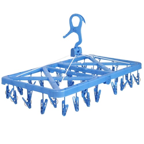 Okazaki Folding Clothes Drying Rack with Corner Hangers, Blue, with 32 Clothespins, for Indoors, Outdoors, Verandas, and Balconies, for Clothes, Under