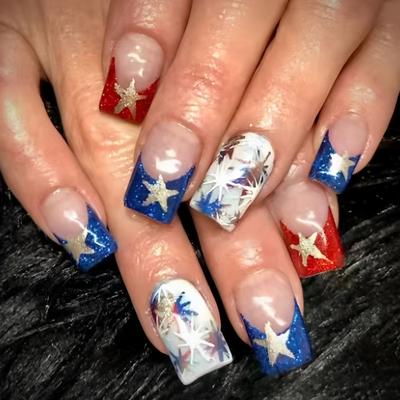 Square Press On Nail 4th of July Fake Nail Independence Day Glues On Nail Patriotic False Nail Full Cover Fake Nail