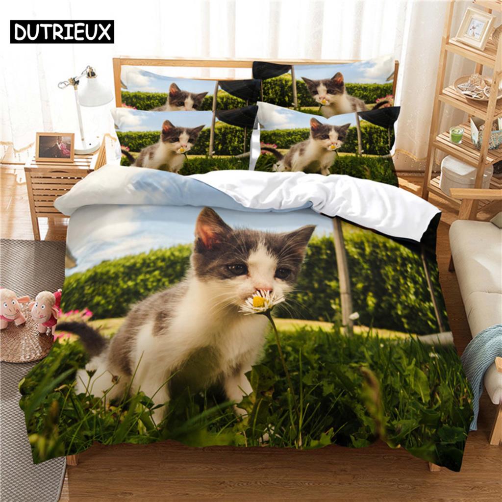 3D Digital Printing Fashion Design Queen Size Lovely Cat Bedding Set, Duvet Cover Set
