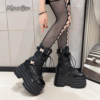 Mode Modedesign Superhohe Damenstiefel Dicke Sohle Schnallenriemen Schnürung Gothic Kurze Stiefel Plateau Botas Mujer Schwarz Weiß