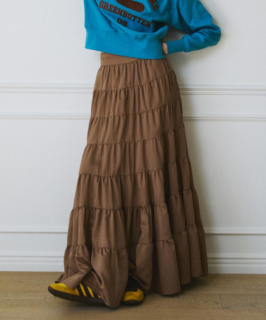 Green Butter Cancan Ruffle Long Skirt (Brown)