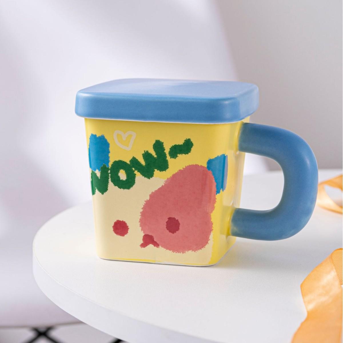 

Cream Bear Square Water Cup High Precision Ceramic Cup with Lid Large Capacity Creative Cartoon Mug High End Feeling 301-400ml