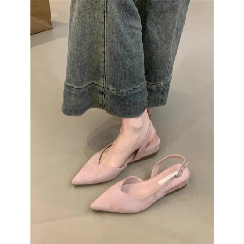 Fashion 2025 New Elegant Velvet Surface Pointed Toe Hollow Out Wedge Heel Ladies Shoe Sweet Fairy Style French Atmosphere Summer Sandals