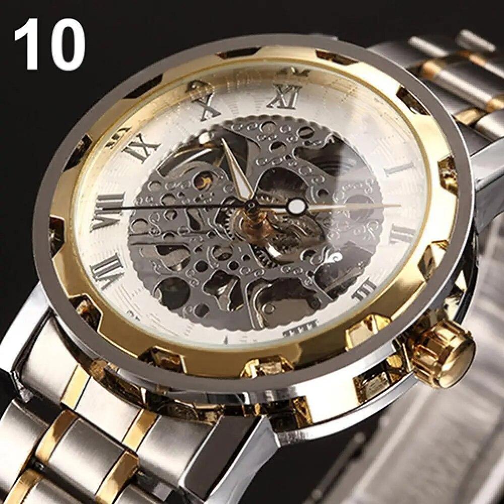 Men Skeleton Roman Numerals Hollow Dial Stainless Steel Band Mechanical Watch Fashion Men's Business Watch