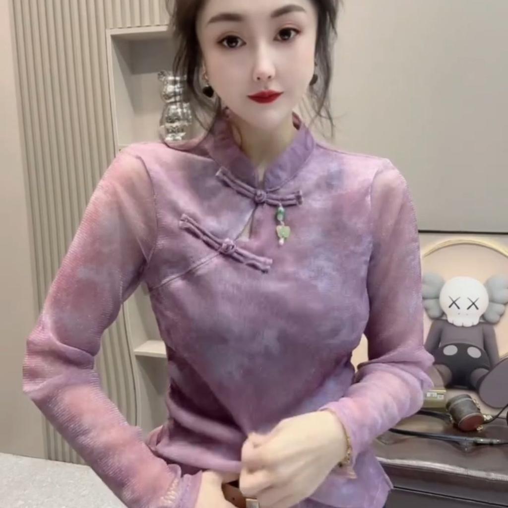 Spring Design Stand Collar Tie-dye Shirt New Long-sleeved T-shirt Women's Slim New Chinese Style Top