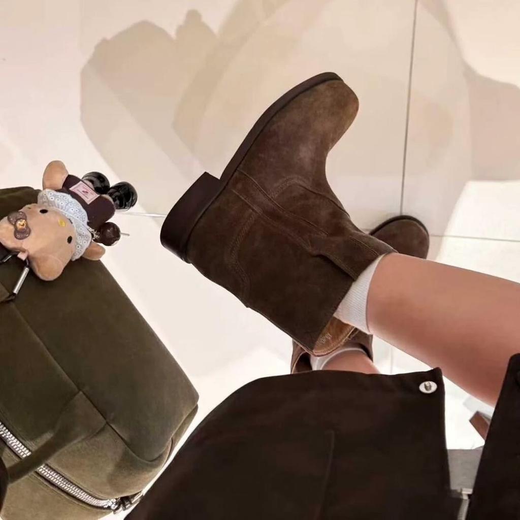 Sheepskin Version~ Retro Suede Face Round Head Thick Heel Sleeve Martin Boots Short Boots Women's Versatile Western Cowboy Boots