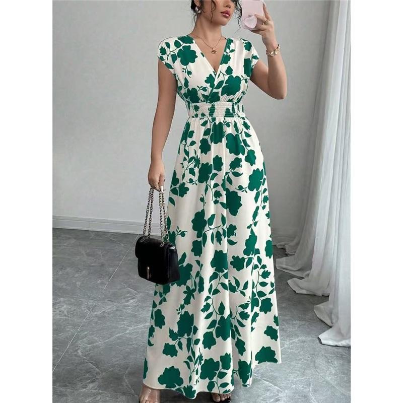 Women's Casual Floral Short-Sleeve Tie-Front V-Neck Fitted Dress for Summer