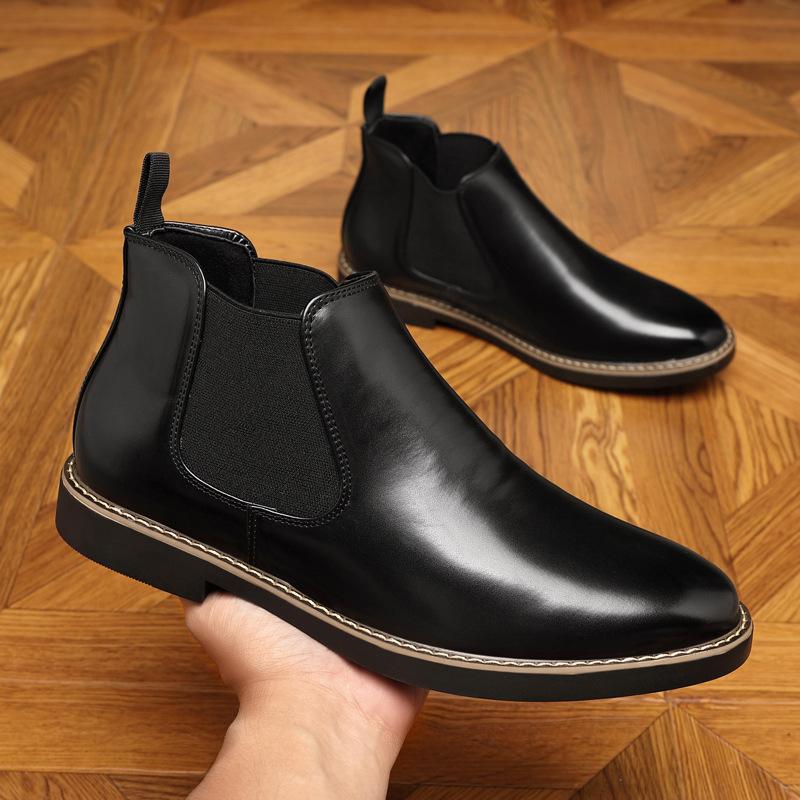 2025 new autumn and winter large size Chelsea boots double elastic men's short boots business dress pointed middle help leather boots