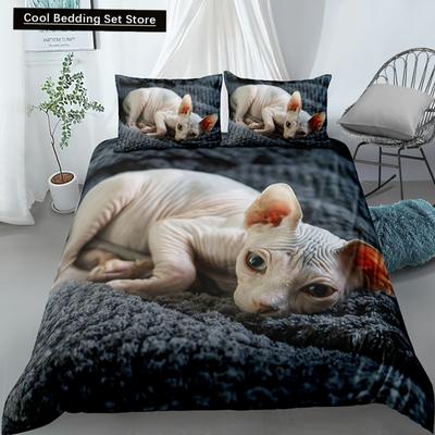Sphynx Cat King Queen Duvet Cover Lovely Pet Kitty Bedding Set For Kids Teens Adults Animal Grey 2/3Pcs Polyester Quilt Cover