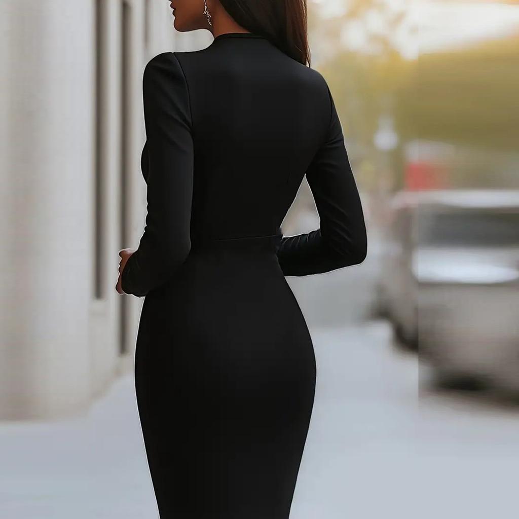 Women's Fashion V-Neck Fitted Solid-Colour Long-Sleeved Dress