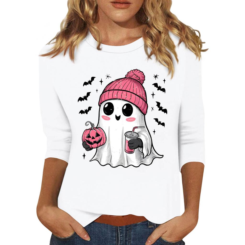 Women's Fashion Casual Three-Quarter Sleeve Halloween Print Round Neck T-Shirt Top