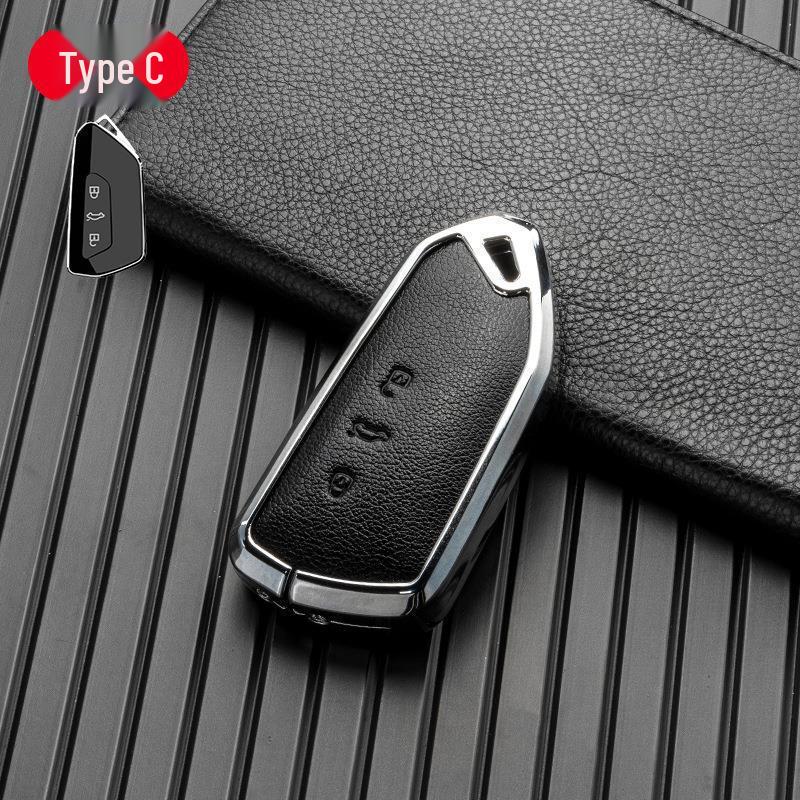 Volkswagen/Skoda Double-Sided Leather Zinc Alloy Car Key Case - Non-Signal Blocking, Full-Wrap Design