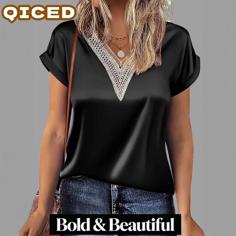 QICED Damenmode Lässige V-Ausschnitt Kurzarm Blusen & Hemden