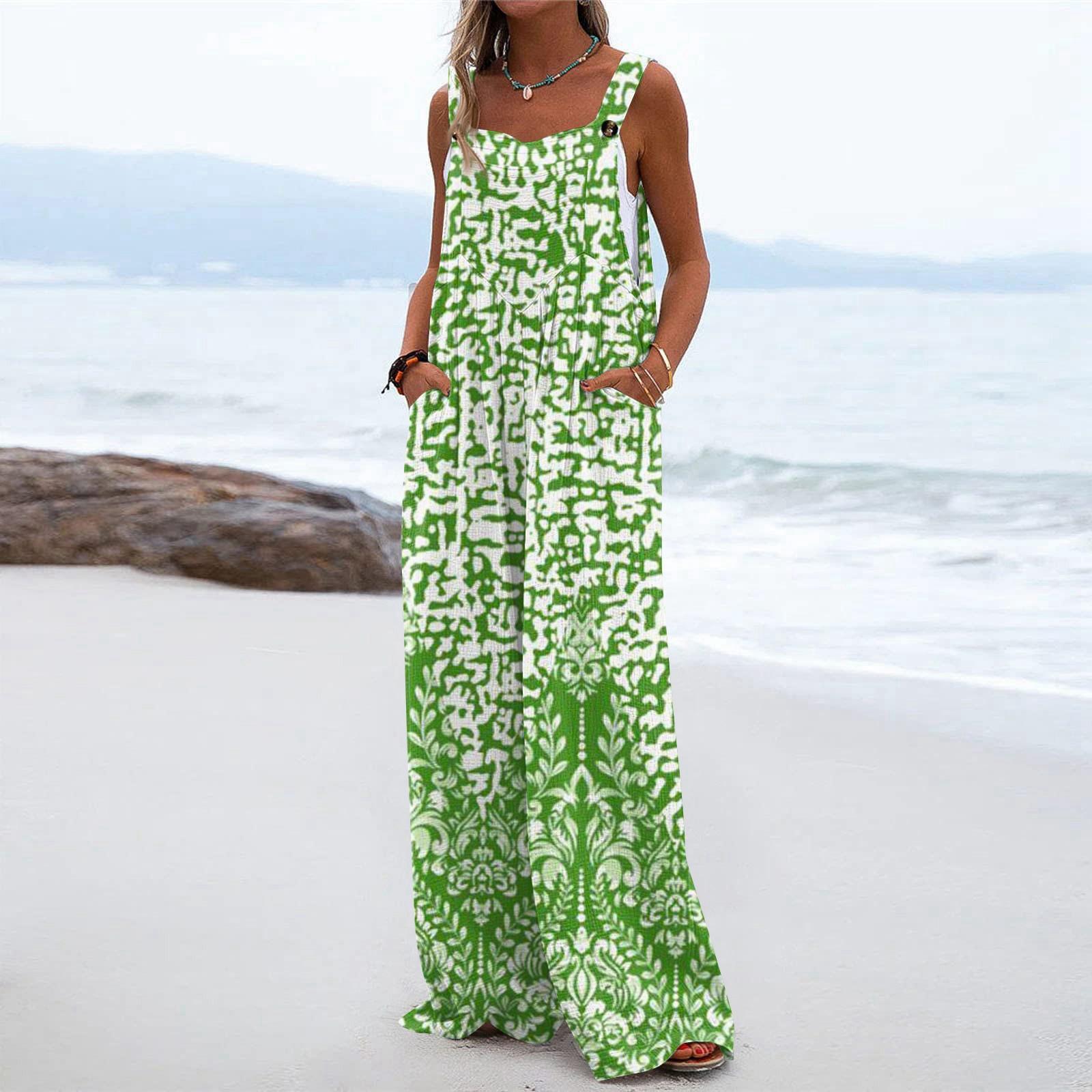 

Женский модный повседневный свободный комбинезон без рукавов с карманами и принтом XL зелёный