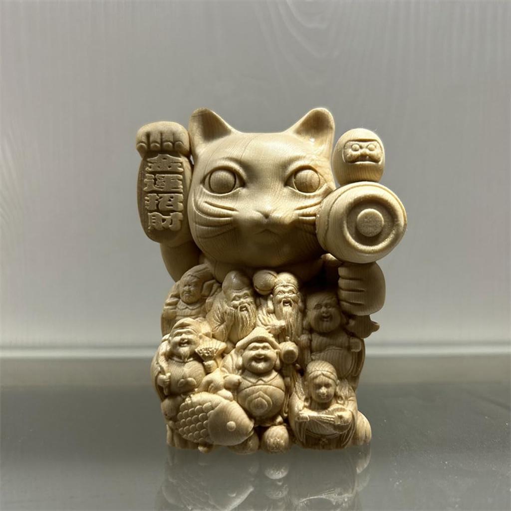Wooden carved Buddha statue [Seven Lucky Gods Maneki Neko], carved from a single piece of cypress wood, 10cm tall, ornament, good luck ornament,