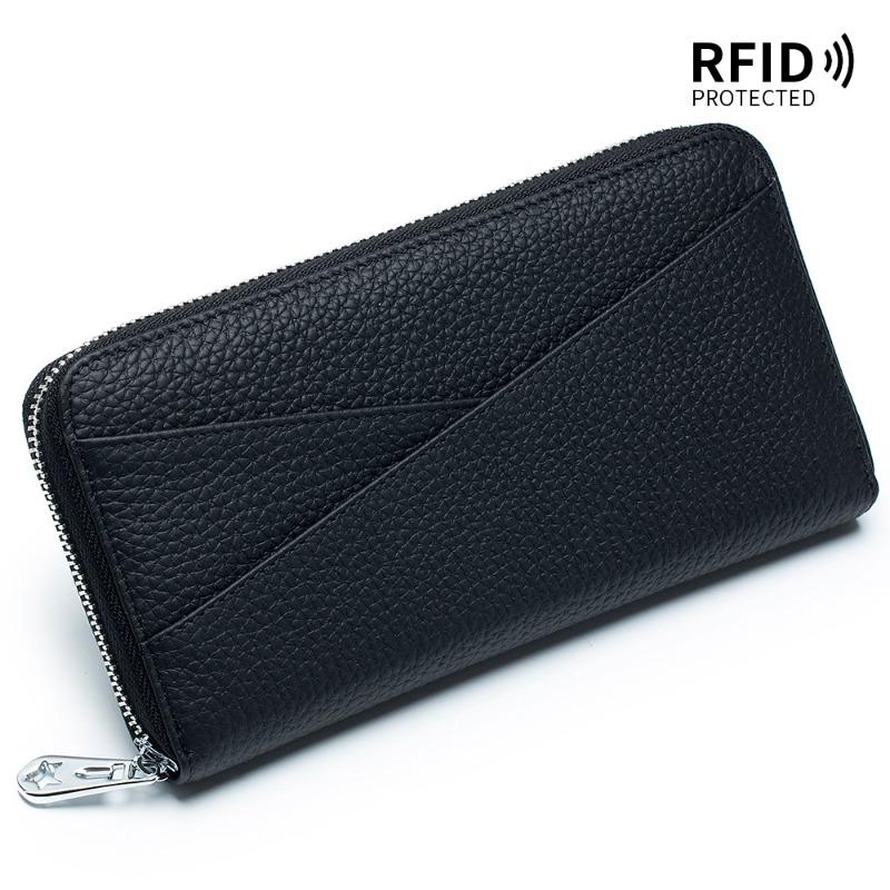 

Japanese-style leather long wallet women s large-capacity RFID first-layer cowhide organ card bag fashion clutch bag mobile phone bag чёрный