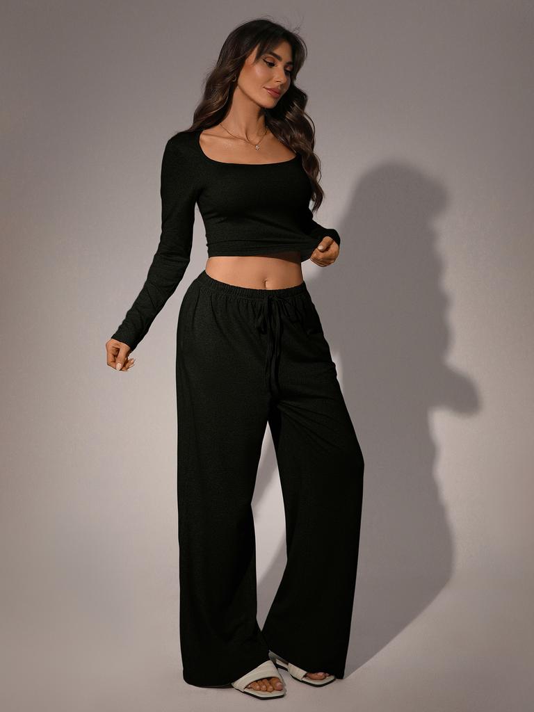 Autumn Casual Long Pants Set Square Neck Long Sleeve Short Top Women Sportswear