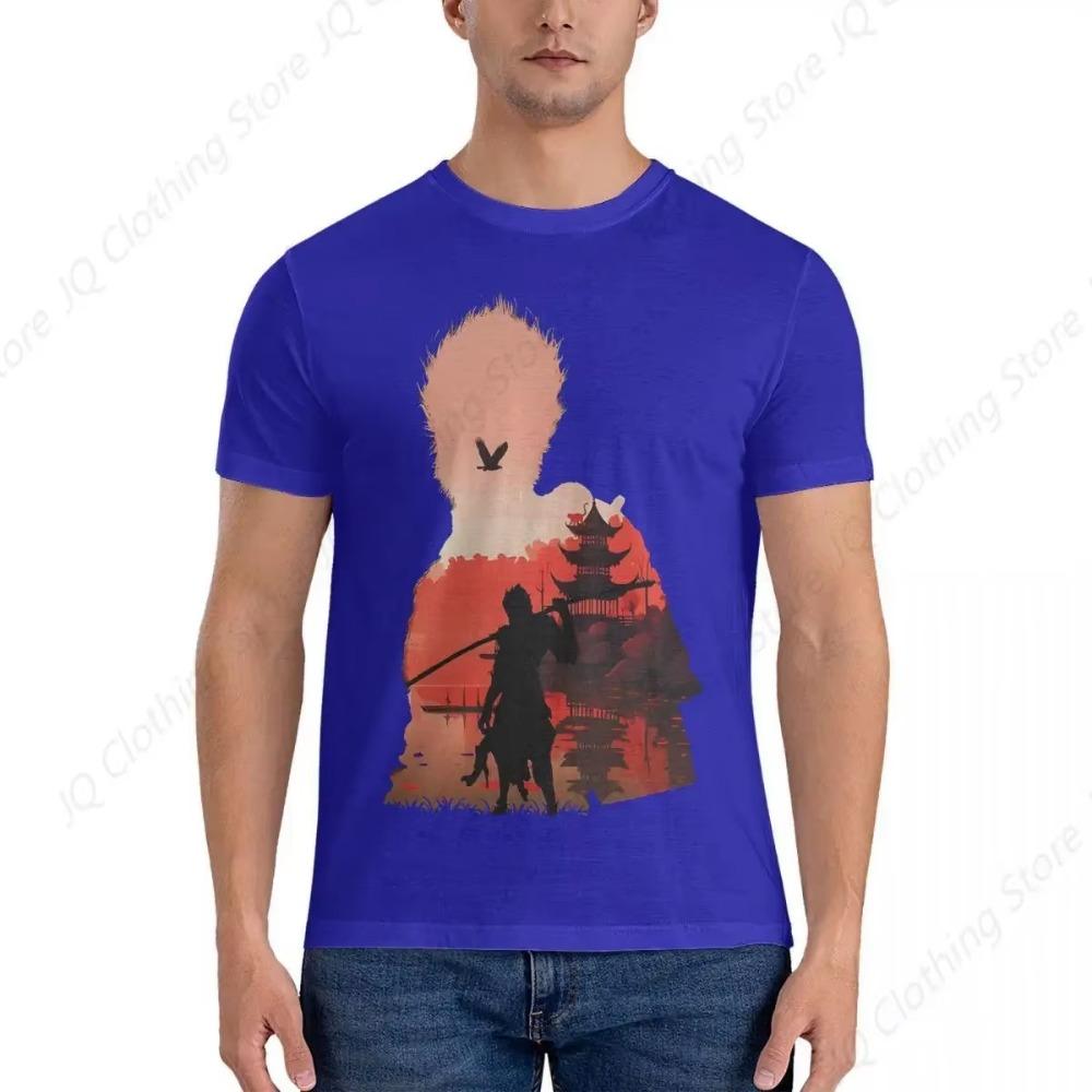 Men Negative Illusion Photographic Print T Shirts Black Myth Wukong Pure Cotton Clothing Cool Short Sleeve Round Neck