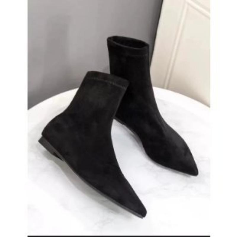 Autumn and winter new simple matte suede flat socks boots low heel thin boots temperament pointed short boots