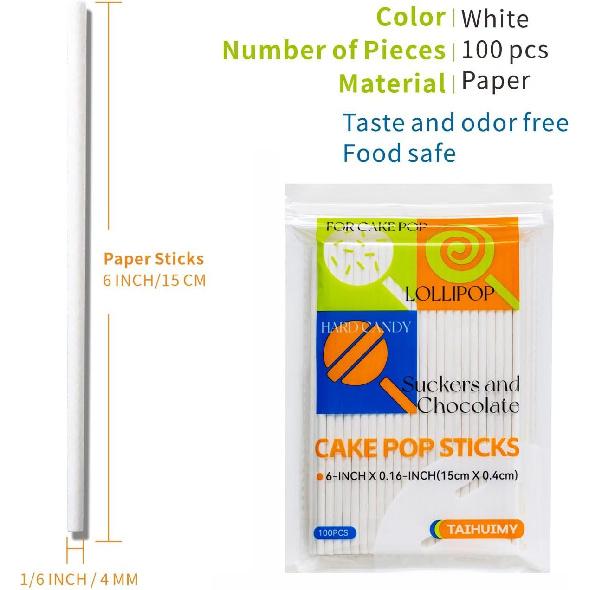 100 Count 6 INCH White Paper Lollipop Sticks,Cake Pop Sticks,Sucker Sticks for Cookies,Rainbow Candy,Chocolate,Cake Topper(Dia 4mm)