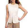 Women Crew Neck Sleeveless Waistcoat Vest Solid White Multi Button Slim Fit Office Blazer Top