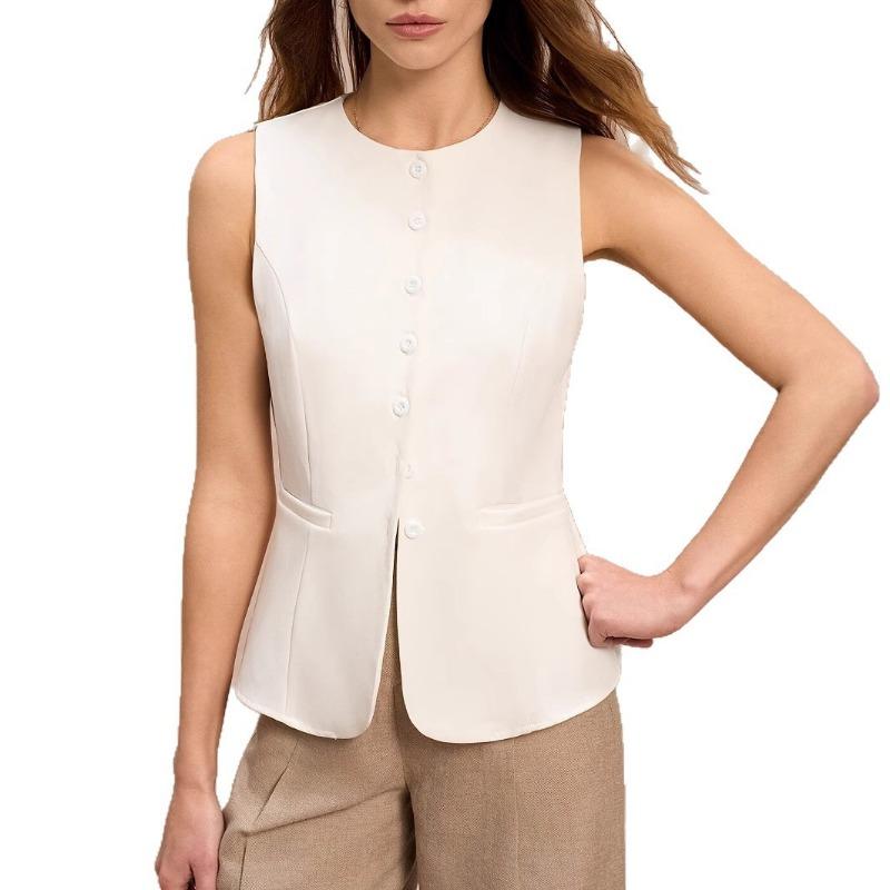 Women Crew Neck Sleeveless Waistcoat Vest Solid White Multi Button Slim Fit Office Blazer Top