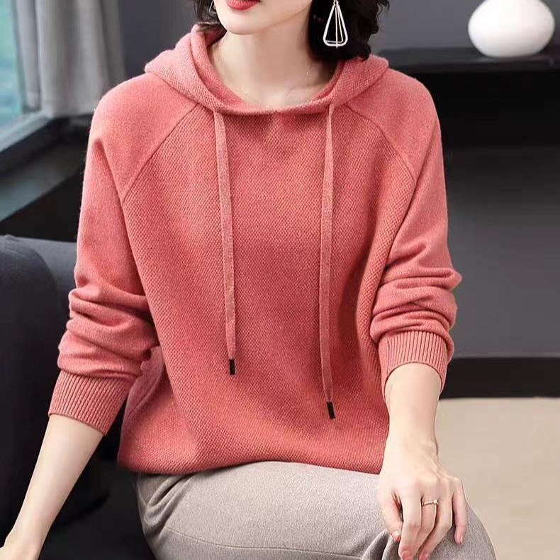 Hooded Drawstring Knitted Sweatshirt for Women Solid Color Loose Sweater Long-sleeved Pullover for Autumn and Winter Women's Sweater Coat